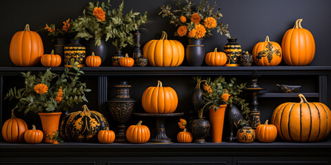 Fall pumpkins and flowers on display shelves, interior home decor, Halloween seasonal decorations, orange and black, wide banner