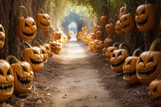 Scary Halloween pumpkins jack o' lanterns lining dirt path, exterior decor, professional seasonal decorations