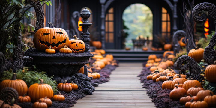 Halloween pumpkins jack o' lanterns display, exterior home decor, seasonal decorations, orange and black, wide banner