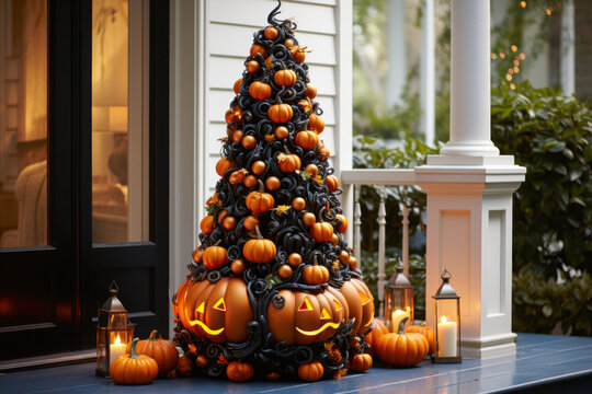 Halloween pumpkins jack o' lanterns topiary stack on front porch, exterior home decor, seasonal decorations