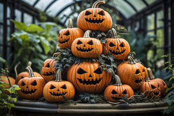 Halloween pumpkins jack o' lanterns stack, tabletop home decor, seasonal decorations