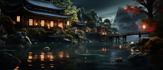 Mystical Japanese Temple Overlooking Serene Pond under Moonlight with Traditional Architecture and Nature Harmony - obrazy, fototapety, plakaty
