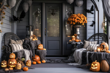 Halloween pumpkins jack o' lanterns, flowers and chairs on front porch, exterior home decor,...