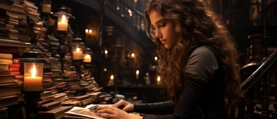 Enchanted Library: Captivating Young Woman Immersed in Ancient Tome Amidst Candlelit Bookshelves - obrazy, fototapety, plakaty