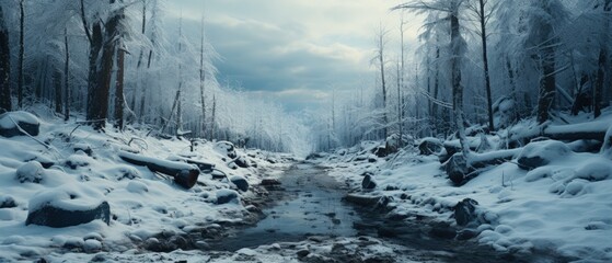 Fototapeta premium Frosty Wilderness: Icy Stream Flowing Through Snow-Covered Forest, Embodying the Stillness and Beauty of Winter