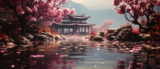 Serene Pagoda Reflection: Blossoming Pink Trees Bordering Still Waterway with Ancient Asian...