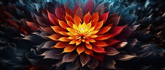 Vibrant Floral Burst: Mesmerizing 3D Dahlia Flower Design with Luminous Center and Dark Petals