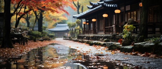 Serene Autumnal Scene: Traditional Asian Architecture Amidst Fiery Maple Trees with Wet Stone Pathway