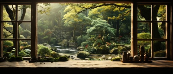 Serene overview from an ancient wooden window onto a lush Japanese garden with stream and rocks. - obrazy, fototapety, plakaty