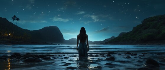 Serene woman stands in shallow water, tropical night scene with silhouetted mountains, starry sky.
