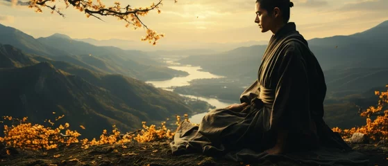 Gartenposter Young monk meditating on mountaintop overlooking serene lake during sunset, finding peace in nature. © ZenOcean_DigitalArts