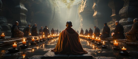 Monastic gathering in a grand cavern; illuminated by candles, monk in forefront draped in a rich cloak, deep in meditation.