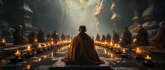 Deurstickers Monastic gathering in a grand cavern  illuminated by candles, monk in forefront draped in a rich cloak, deep in meditation. © ZenOcean_DigitalArts
