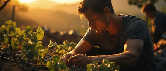 Young man attentively examining grapevines in sunlit vineyard, capturing dedication in agriculture.
