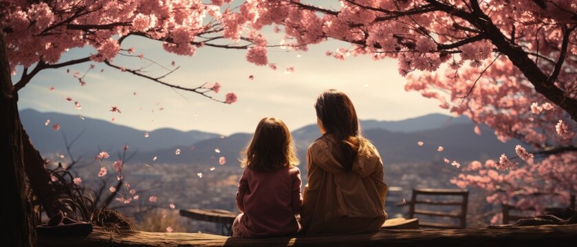 Back view of two young girls admiring a cityscape from a hill, surrounded by vibrant pink cherry blossoms.