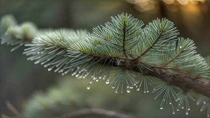 Glistening Water Droplets on Pine Branch: A Serene Masterpiece of Nature's Serenity