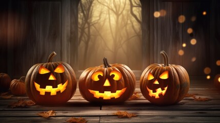 Fototapeta premium Halloween celebration background with pumpkin monster, light, and other decorations.