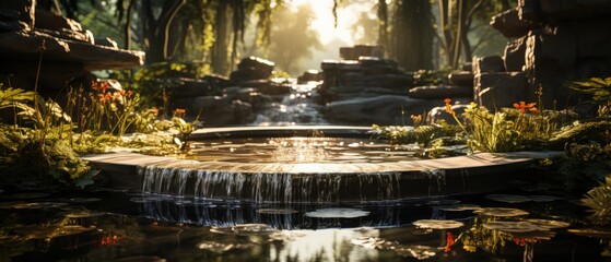 Zen Garden Waterfall: Serene garden waterfall, reflective, meditative harmony, natural serenity.