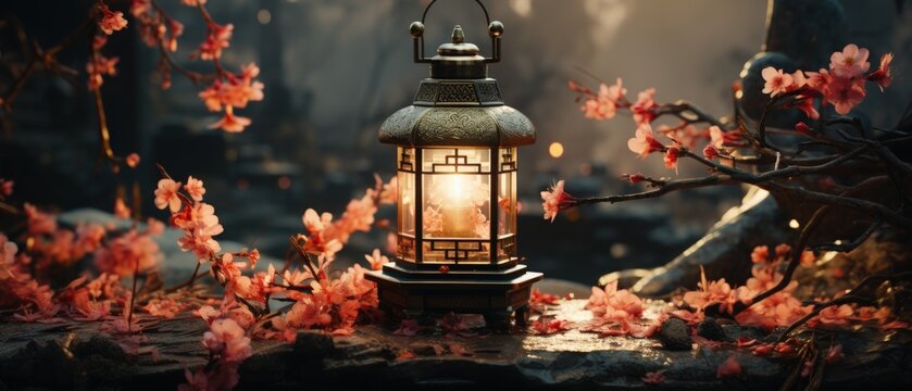 Antique Lantern Amidst Cherry Blossoms at Dusk