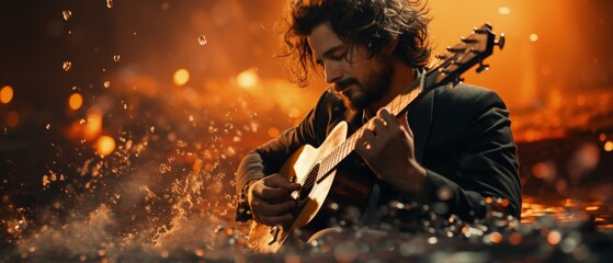 Passionate guitarist immersed in his art, playing amidst dynamic sparkles, intense focus under warm light.