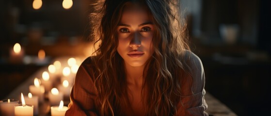 Fototapeta premium Candlelit Contemplation. A woman surrounded by candles, her expression one of deep thought, suggesting introspection and the intimate play of light and shadow.