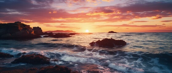 Naklejka premium Majestic Seaside Sunset. Waves crash against rocks under a stunning sunset, symbolizing nature's dynamic beauty and the serenity of ocean landscapes.