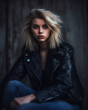 Portrait of a fictional blonde woman in leather jacket. Generative AI.