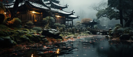 Misty Oriental Temple Serenity portrays an ancient temple in a mist-laden landscape, reflecting solitude and spiritual mystique.