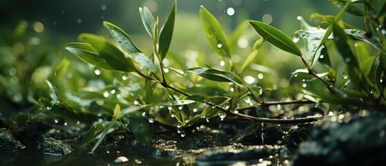 Fototapeta na wymiar Refreshing Raindrops on Vibrant Green Grass Plant in a Lush Natural Garden - Closeup Nature Photography