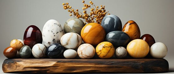 Obraz premium Vibrant Marbles Still Life depicts an array of colorful marbles on wood, conveying diversity, solidity, and natural elegance.