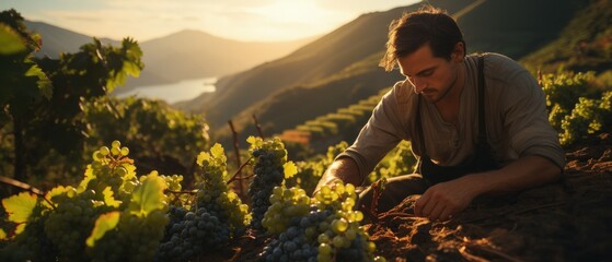 Man harvesting grapes at sunset in vineyard, with mountains and lake in background, agricultural worker in serene landscape.