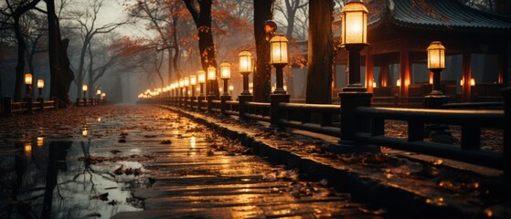 Lantern-Lit Path in Misty Park depicts a tranquil, foggy walkway at dusk, exuding mystery and a peaceful ambiance.
