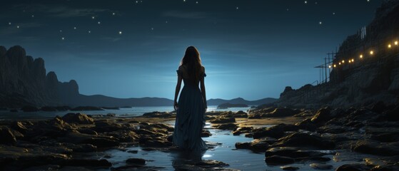 Woman in long dress contemplating serene night-time ocean landscape with digital compositing, scenic rocks, and distant lights. - obrazy, fototapety, plakaty