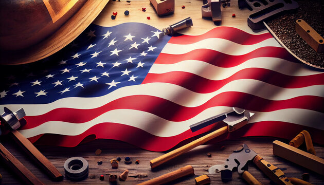 Happy Labor day background with construction and manufacturing tools with patriotic US, USA, American flag background Ai generated image