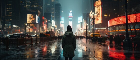 Rainy City Solitude: Person standing in vibrant Times Square at night, capturing urban isolation. - obrazy, fototapety, plakaty