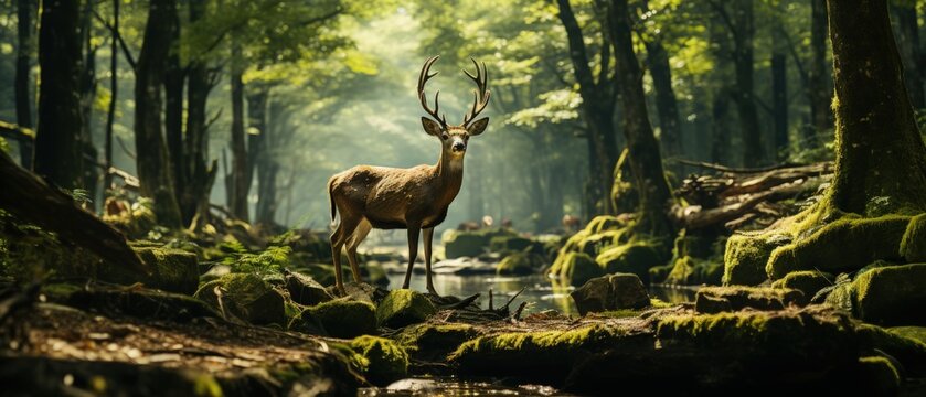 Forest Monarch: Stag in sunlit woods, representing majesty and the serenity of wildlife.