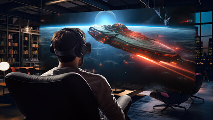 Man watching a movie at home using AR goggles