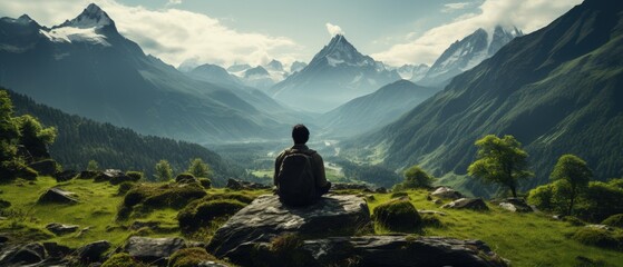 Meditative Mountain Valley, Man in Solitude. A serene image of a man meditating on a rock, overlooking a vast mountain valley, symbolizing contemplation and nature's majesty - obrazy, fototapety, plakaty