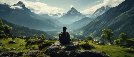 Foto op Canvas Meditative Mountain Valley, Man in Solitude. A serene image of a man meditating on a rock, overlooking a vast mountain valley, symbolizing contemplation and nature's majesty © ZenOcean_DigitalArts