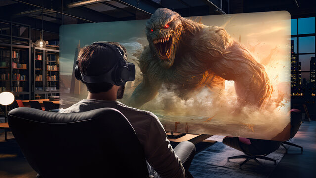 Man watching a 3D movie at home using AR goggles