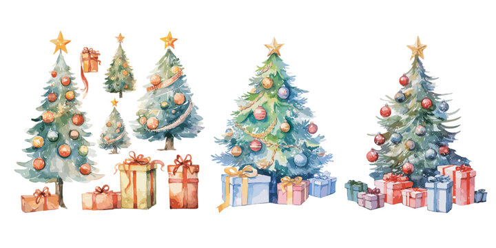 Watercolor Christmas Tree with ornament and gift clipart for graphic resources