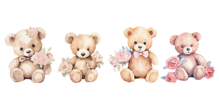 Naklejka Watercolor Teddy Bear with pink rose clipart for graphic resources