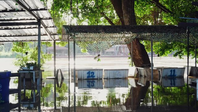 Flooding in community areas in Thailand,Water from the river flooded the house.