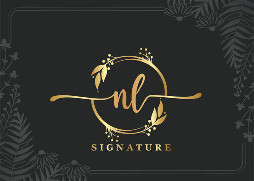 luxury signature initial nl logo design isolated leaf and flower