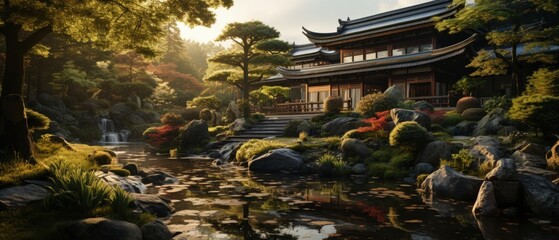 Serene traditional Japanese garden with koi pond, vibrant foliage, and wooden temple in golden...