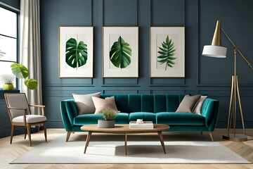 contemporary interior design for 3 poster frame in mock living room with green sofa, wooden pots and floor lamp, template, 3d render