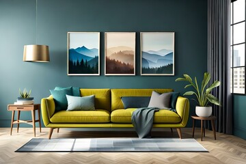 contemporary interior design for 3 poster frame in mock living room with green sofa, wooden pots and floor lamp, template, 3d render, illustration