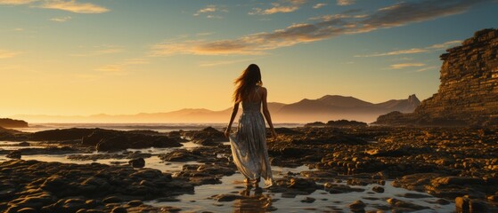 Ethereal capture of a lone woman in flowing dress walking along a rocky shore during sunset, mountains backdrop.