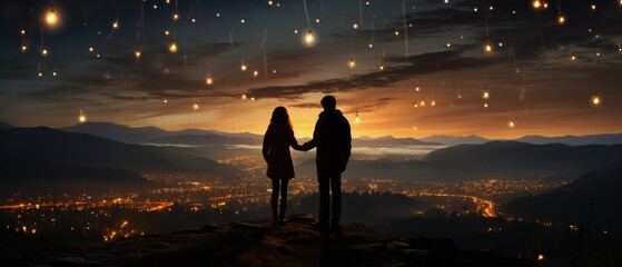 Romantic couple silhouette standing on a cliff with breathtaking city lights below, surrounded by...