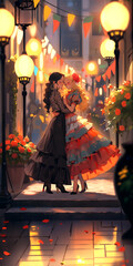 Naklejka premium Harmony of Love: Graceful Evening Dance of Two Girls in Carnival Dresses, Celebrating Romance and Freedom in the City, Lesbian Couple, Two Women Love